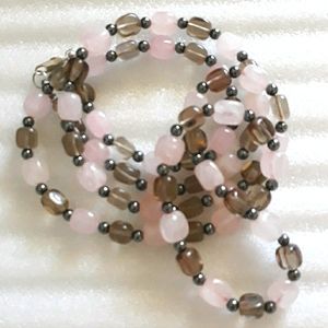 Rose & Smoky Quartz, Hematite Boho Strand Necklace